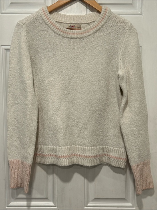 Faherty Sweaters - Faherty Serene Tipped Organic Cotton Knit Crew Neck Sweater Ivory/Pink - Medium